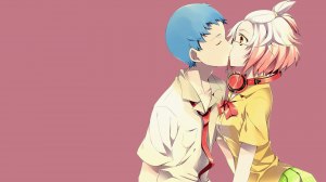 anime cartoon boy kissing girl shocked